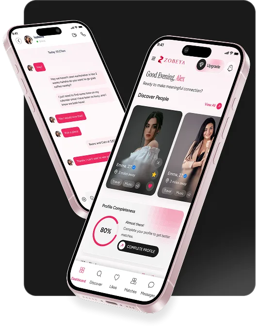 Två mobiltelefoner som visar Zobeyas app med chatt och profiler